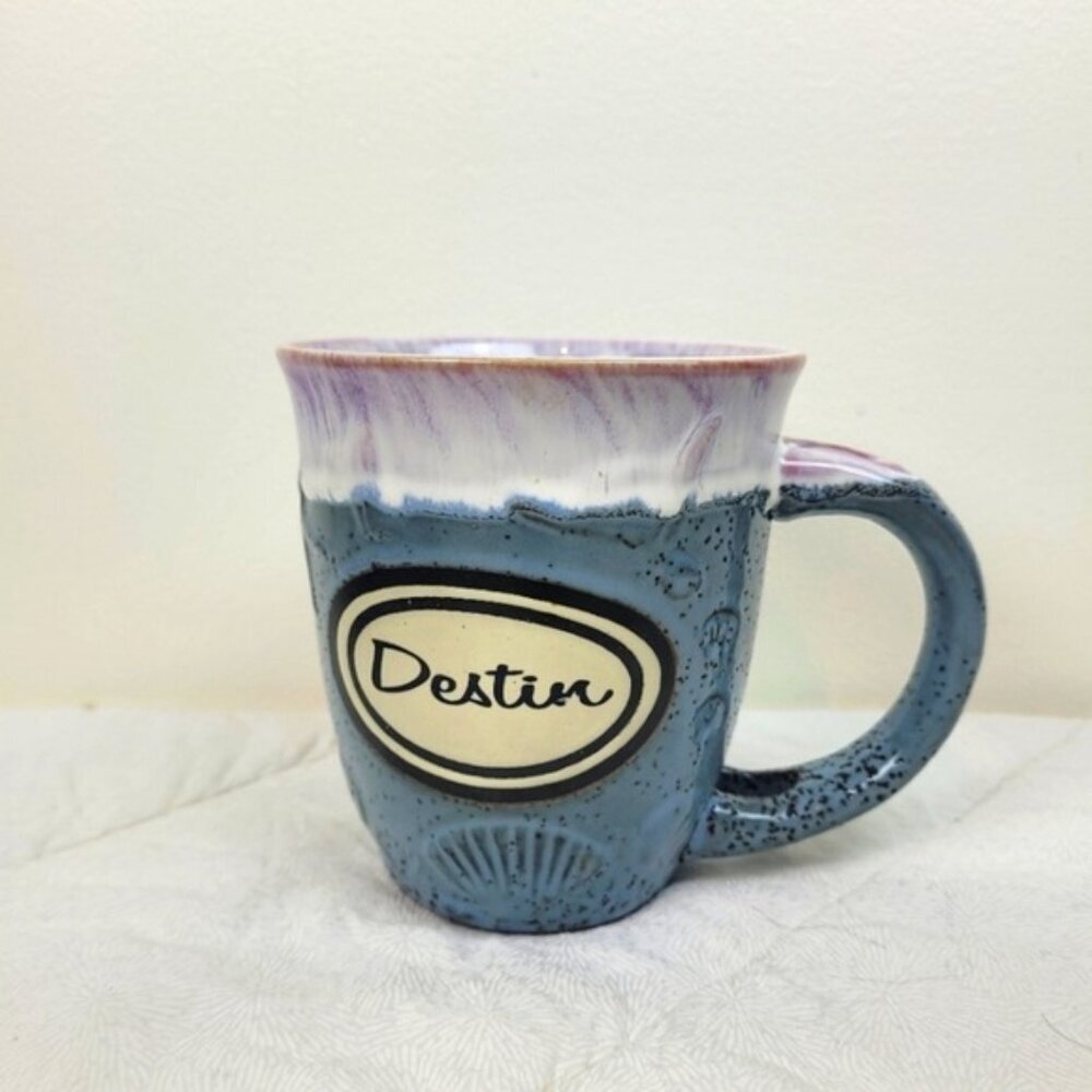 Blue White Pottery Coffee Mug Souvenir Destin Vacation Spoon Holder Handle Beach